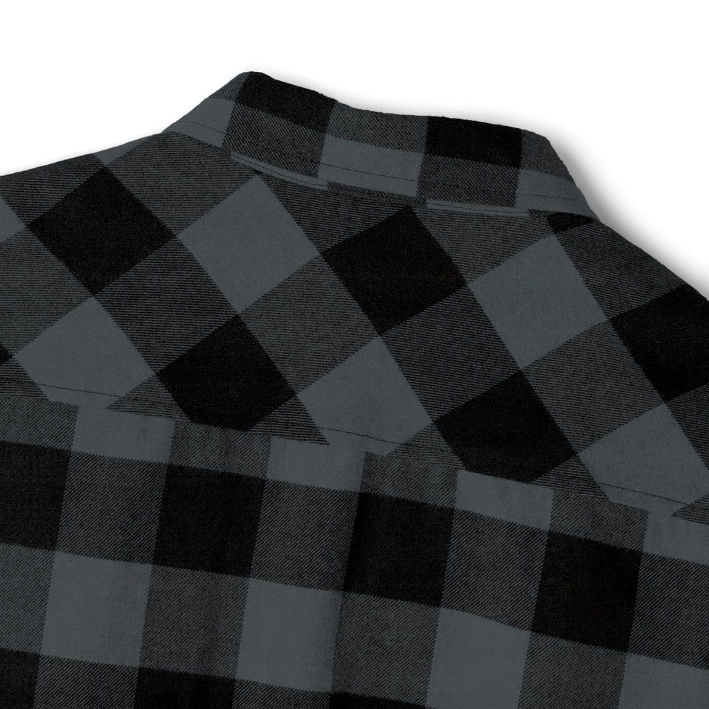 FDT Flannel Shirt in Charcoal Heather/ Black, outer neck detail (supplier mockup)