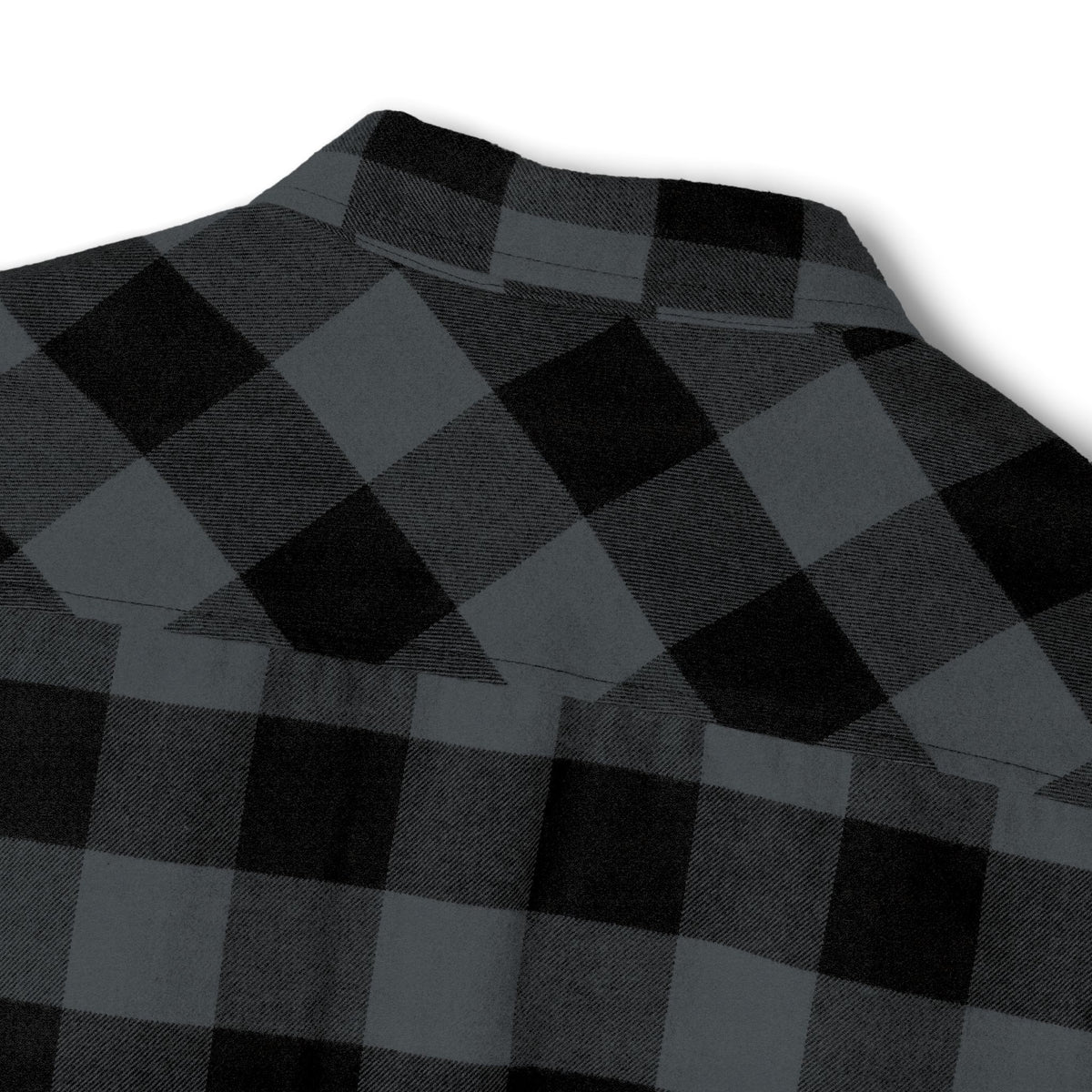 FDT Flannel Shirt in Charcoal Heather/ Black, outer neck detail (supplier mockup)