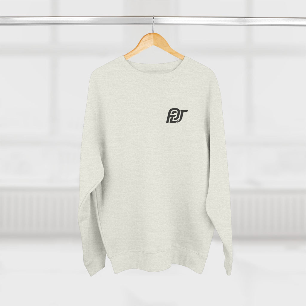 FDT Heavyweight Crewneck in Oatmeal Heather, hanging view (supplier mockup)