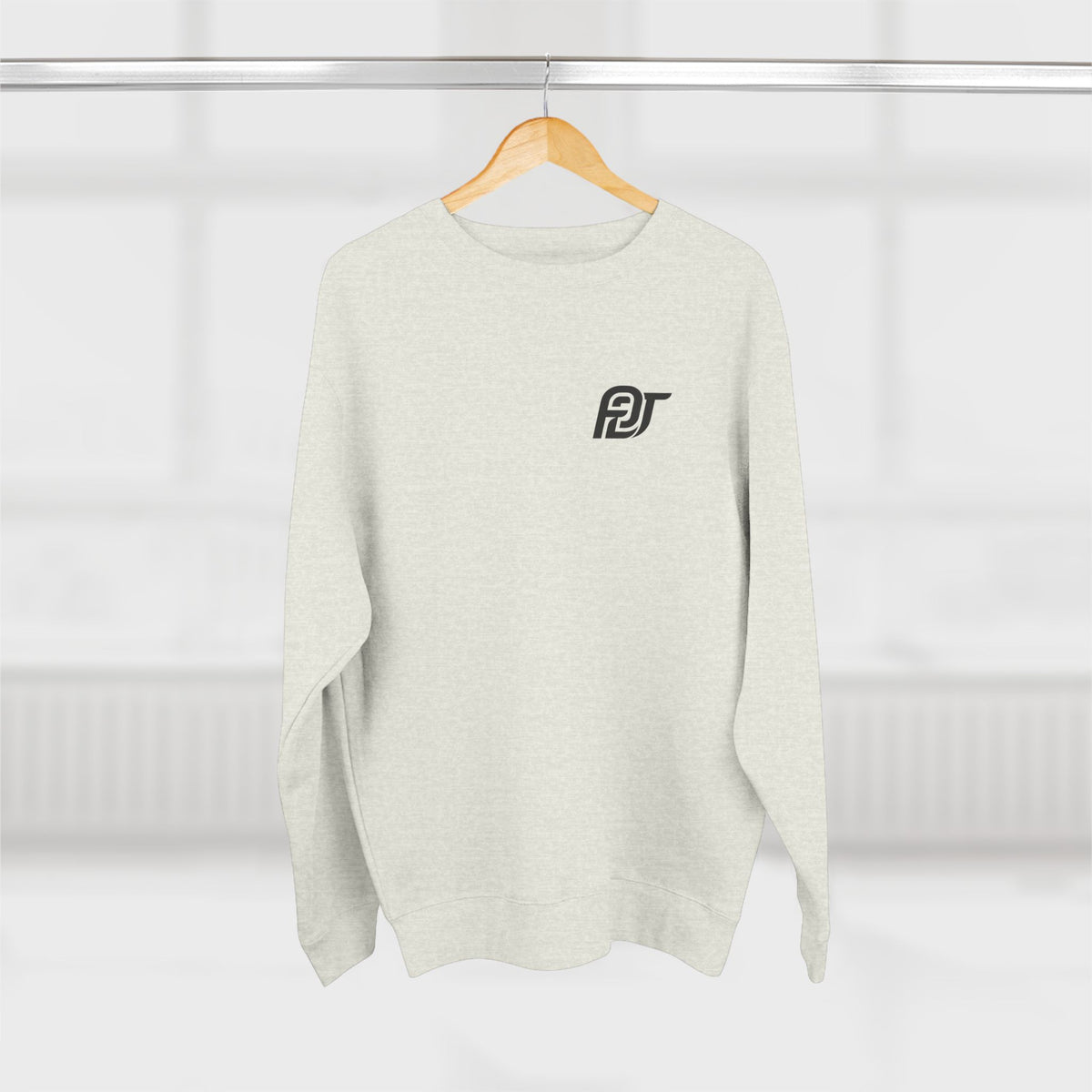 FDT Heavyweight Crewneck in Oatmeal Heather, hanging view (supplier mockup)