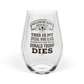 The “Conclusion” wine glass by PT Brewco — front view of the etched design