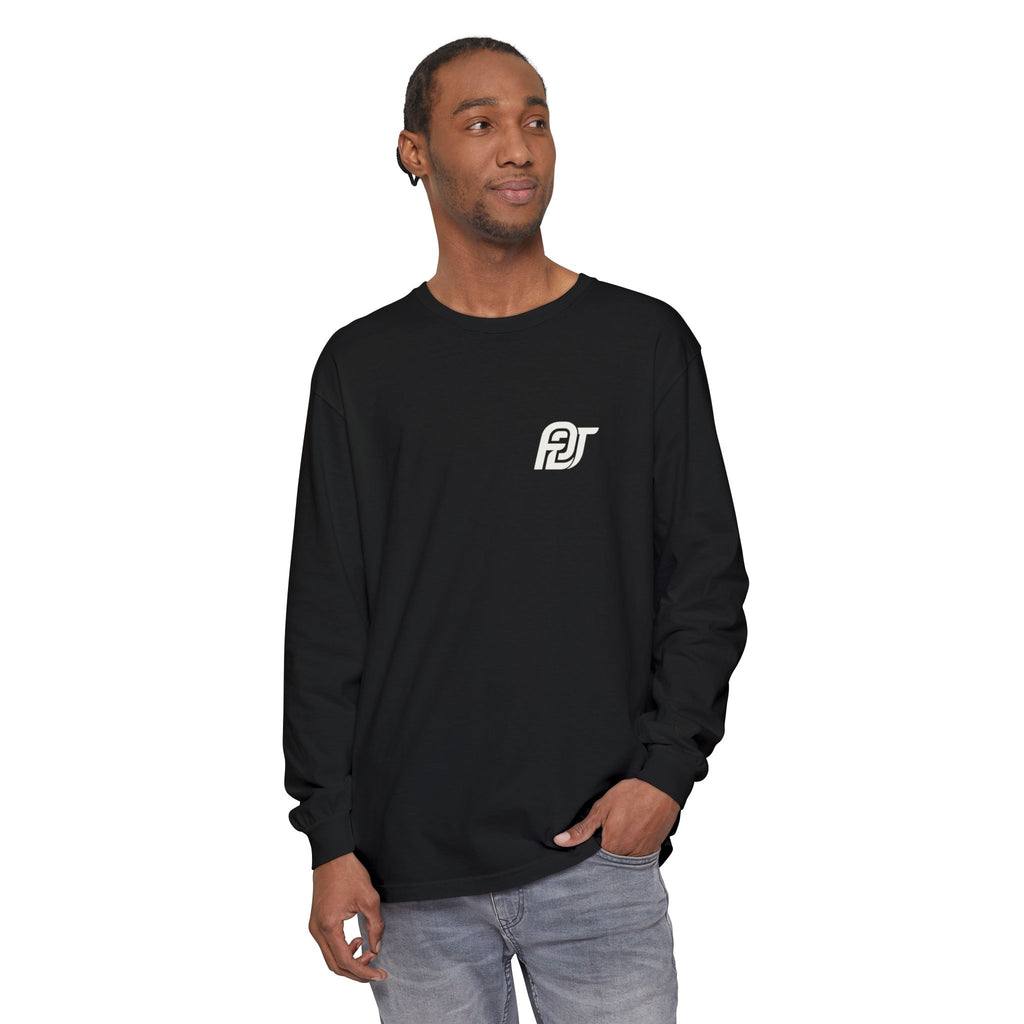 FDT Long Sleeve Tee in Black, front view on a person (supplier mockup)