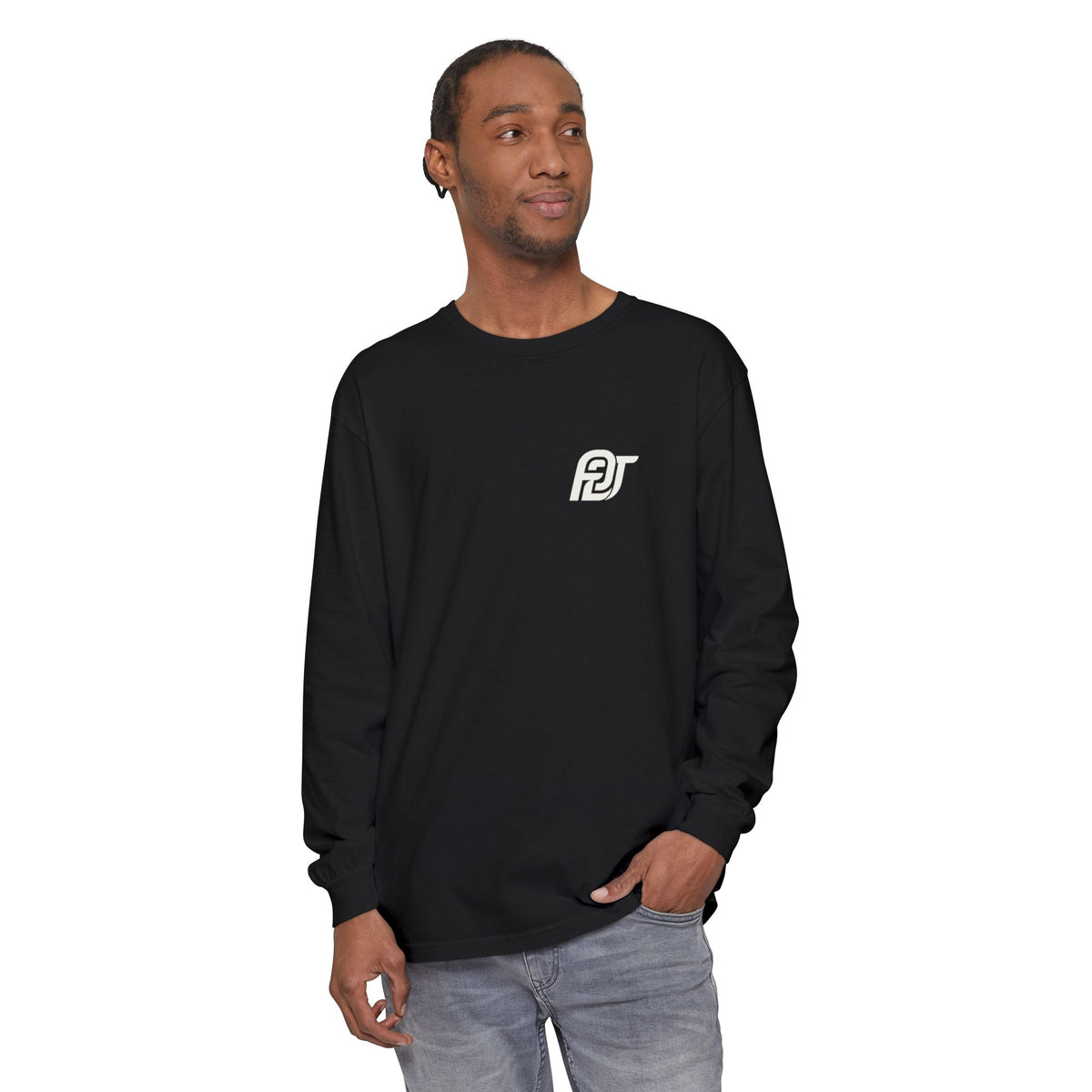 FDT Long Sleeve Tee in Black, front view on a person (supplier mockup)