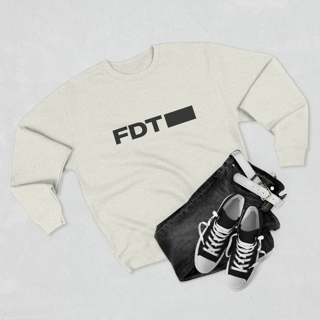 FDT Wordmark Crewneck in Oatmeal Heather, flat lay view (supplier mockup)
