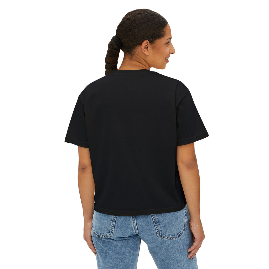 FDT Women's Boxy Tee in Black, back view on a person (supplier mockup)