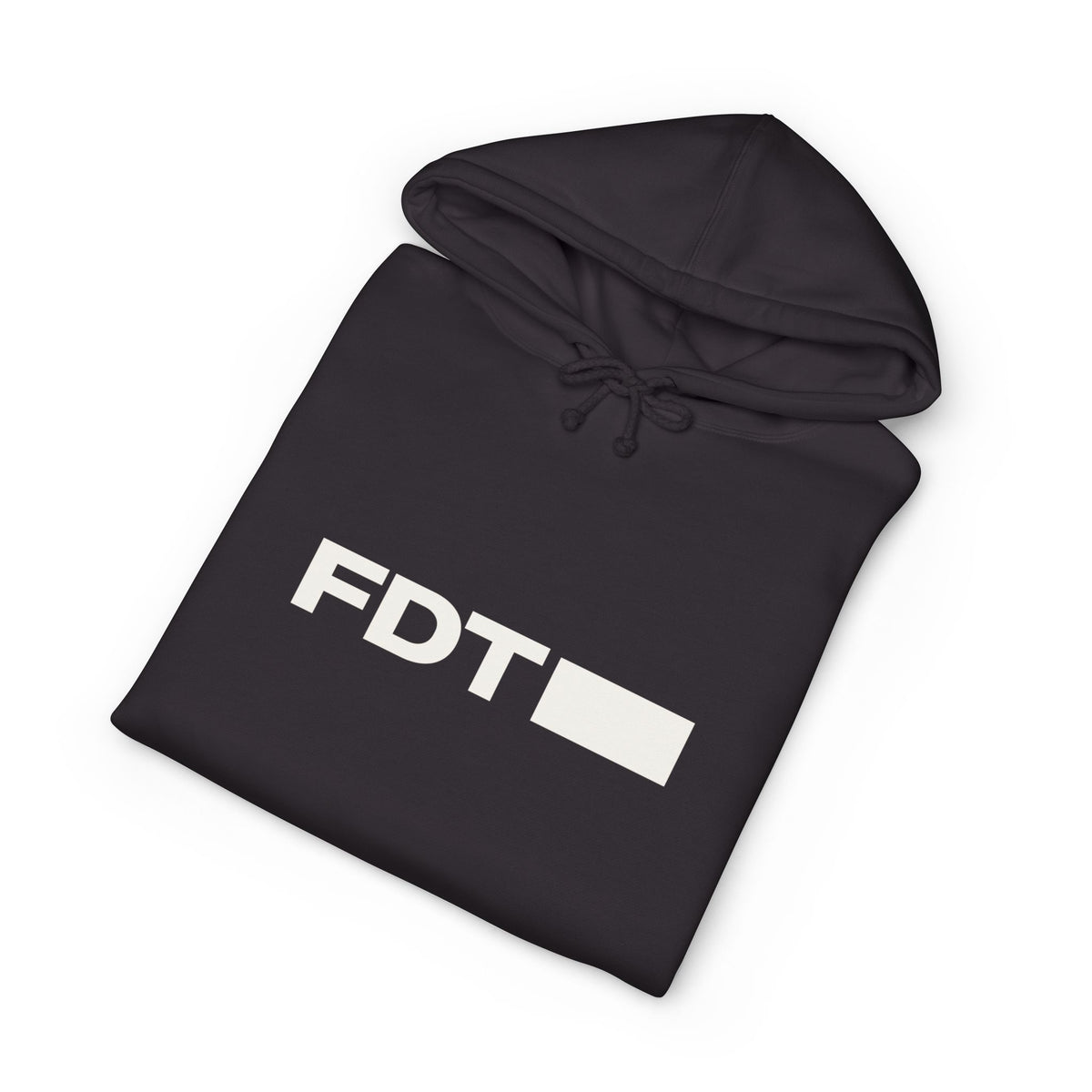 FDT Redacted Hoodie in Black, folded view (supplier mockup)