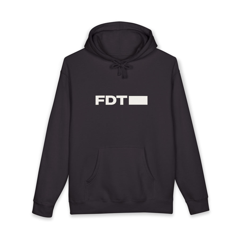 FDT Redacted Hoodie in Black, front view (supplier mockup)