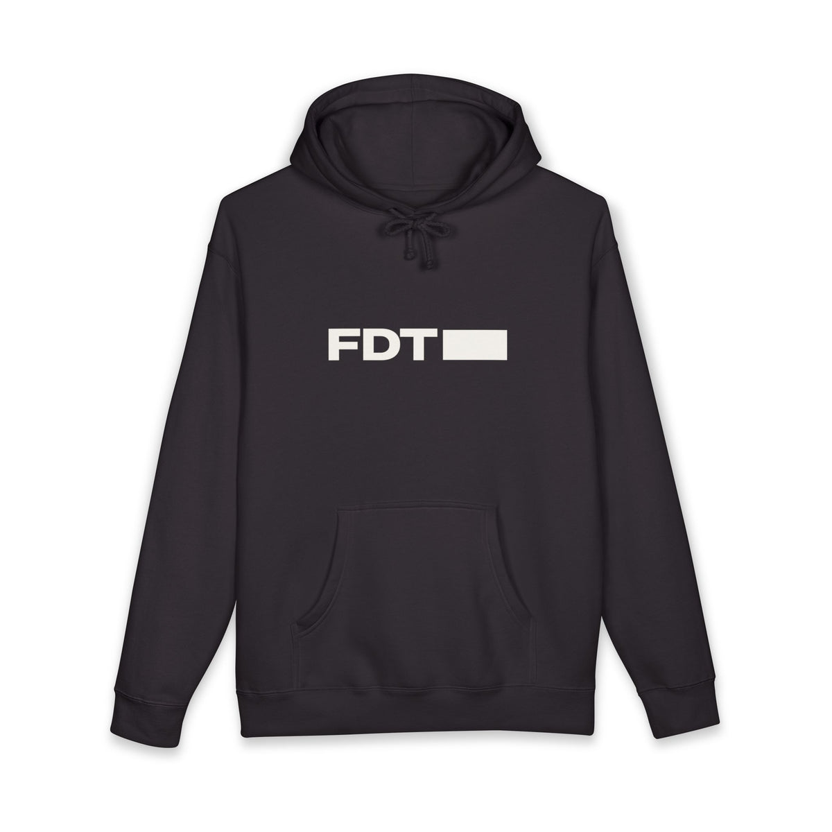 FDT Redacted Hoodie in Black, front view (supplier mockup)