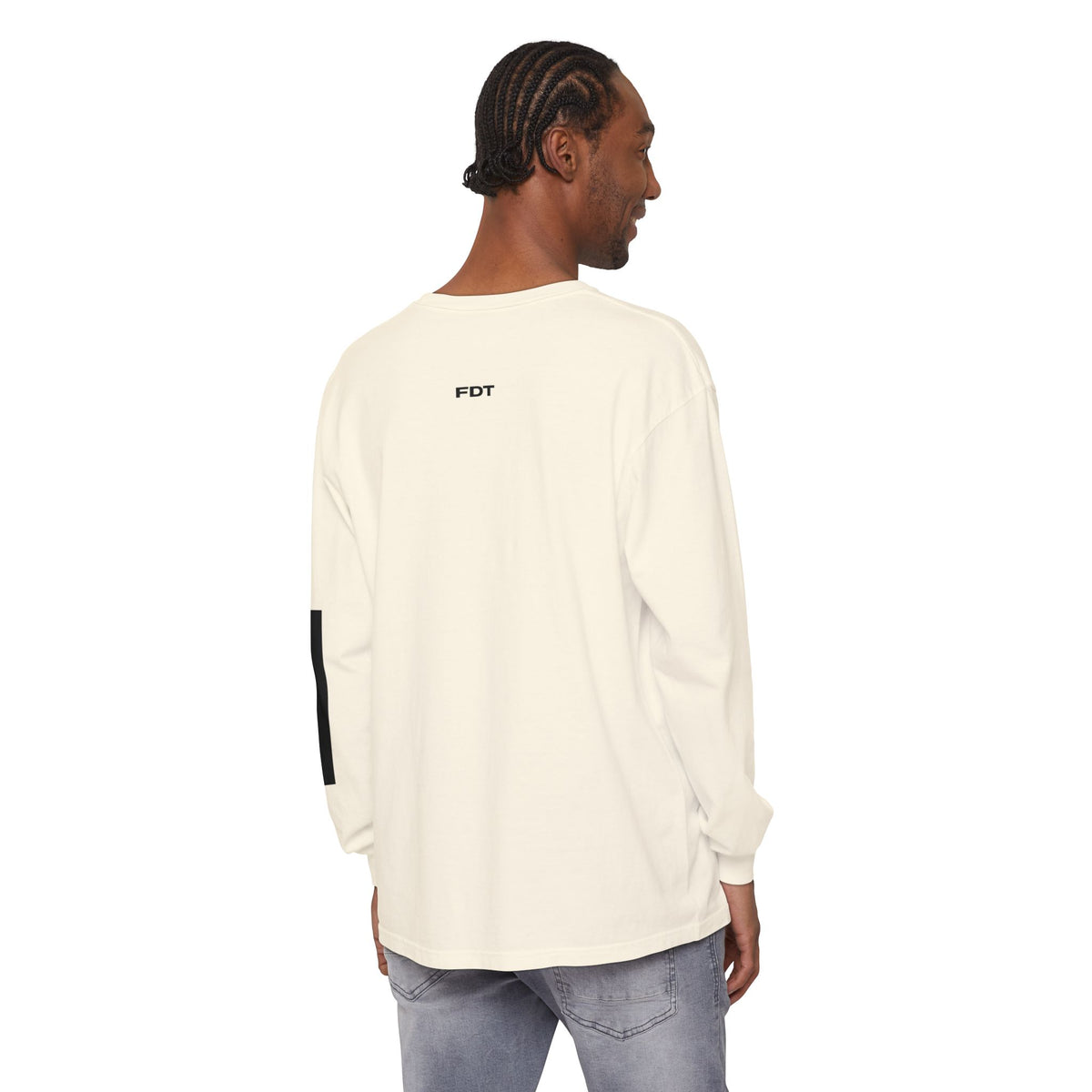 FDT Redaction Long Sleeve in Ivory, back view on a person (supplier mockup)