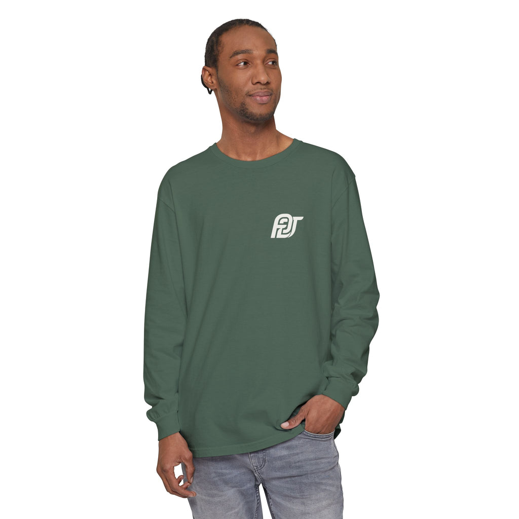 FDT Long Sleeve Tee in Blue Spruce, front view on a person (supplier mockup)