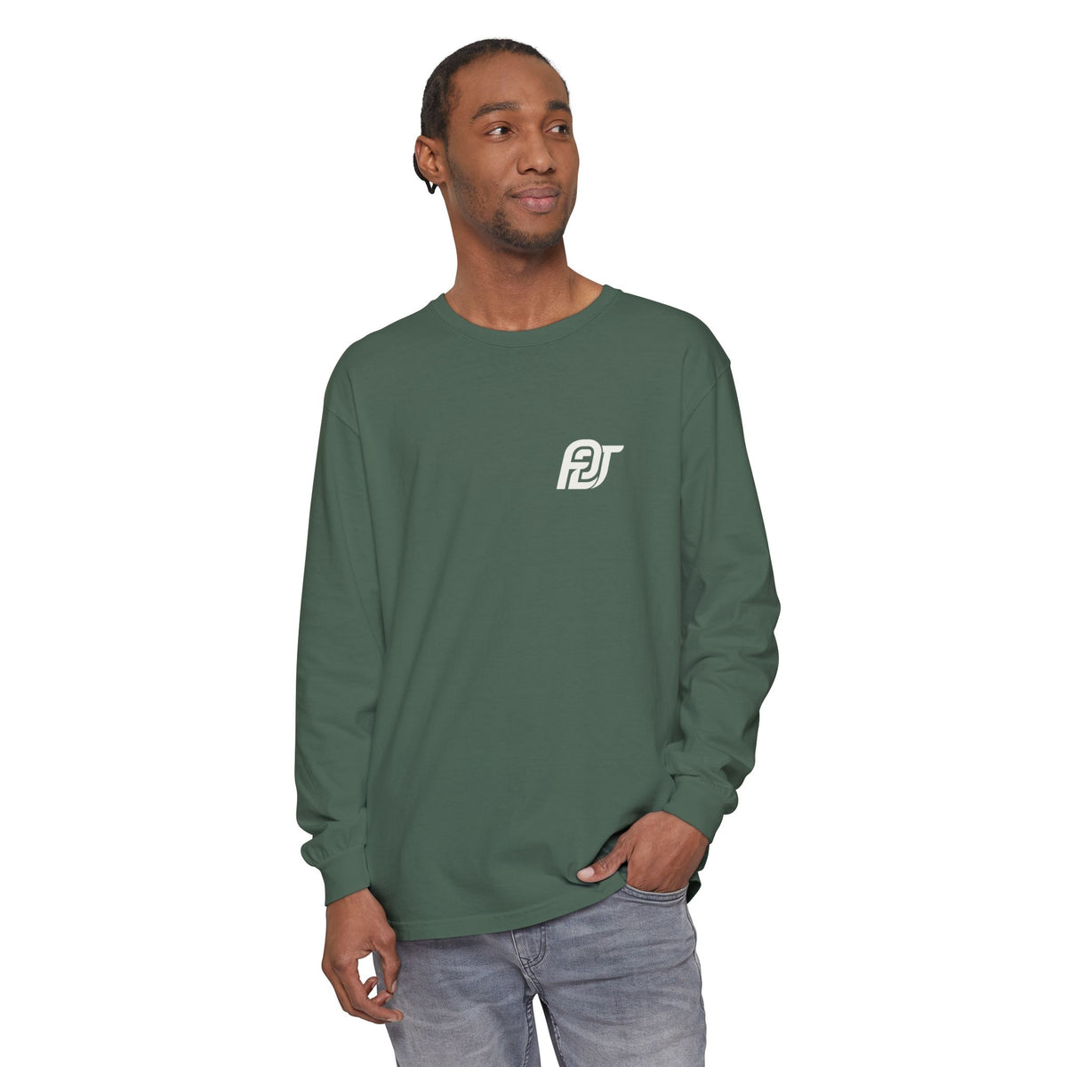 FDT Long Sleeve Tee in Blue Spruce, front view on a person (supplier mockup)