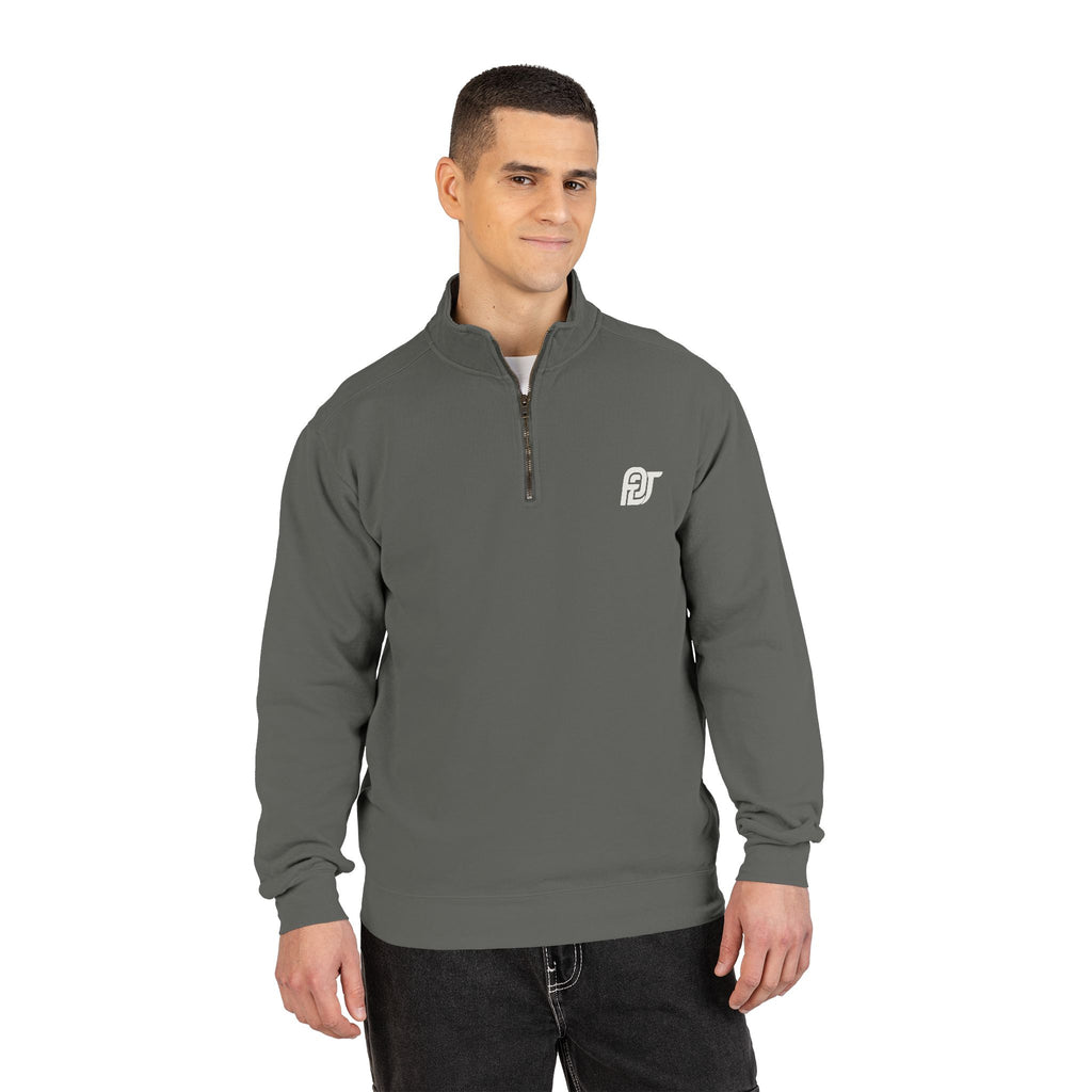 FDT Quarter Zip in Pepper, front view on a person (supplier mockup)