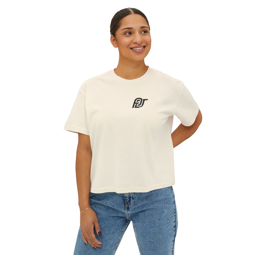 FDT Women's Boxy Tee in Ivory, front view on a person (supplier mockup)