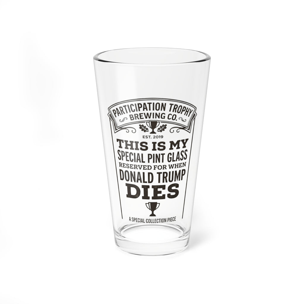 The “Conclusion” 16oz pint glass by PT Brewco — front view of the etched design