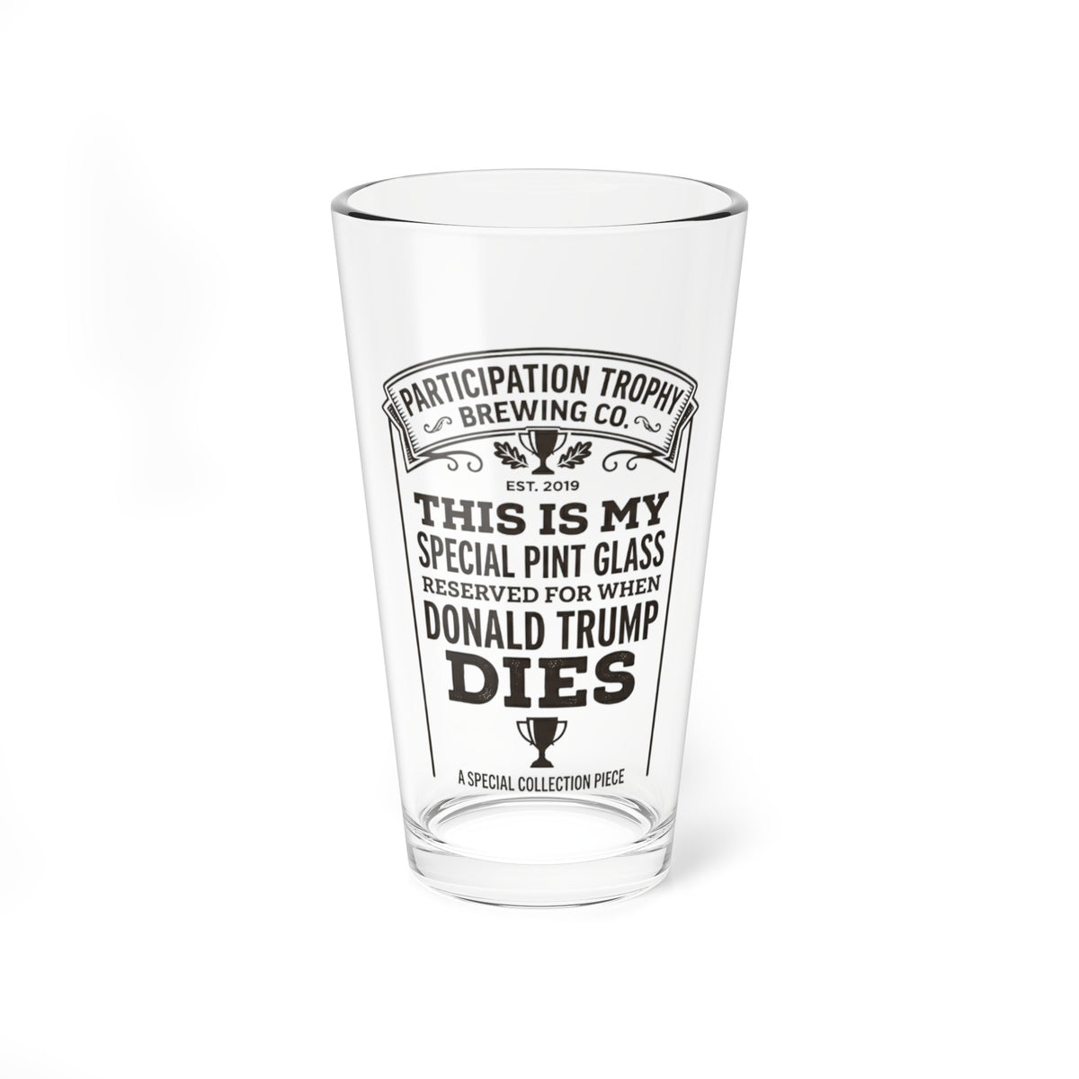 The “Conclusion” 16oz pint glass by PT Brewco — front view of the etched design