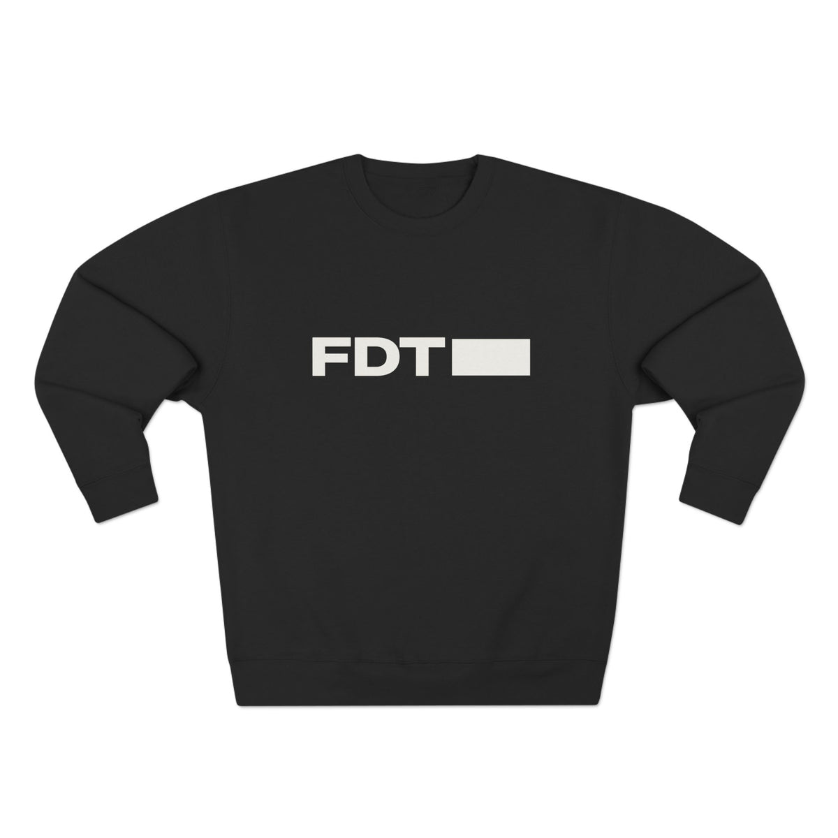 FDT Wordmark Crewneck in Black, front view (supplier mockup)