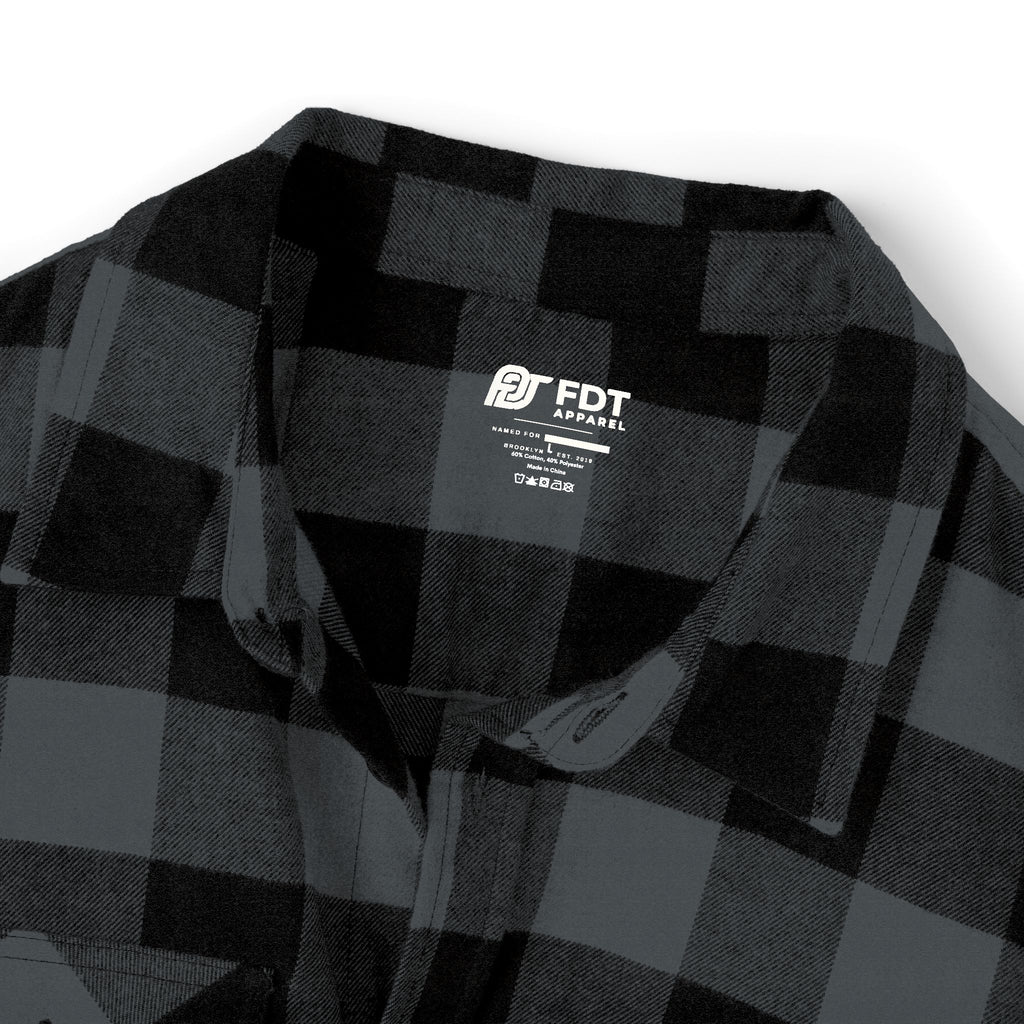 FDT Flannel Shirt in Charcoal Heather/ Black, inner neck detail (supplier mockup)