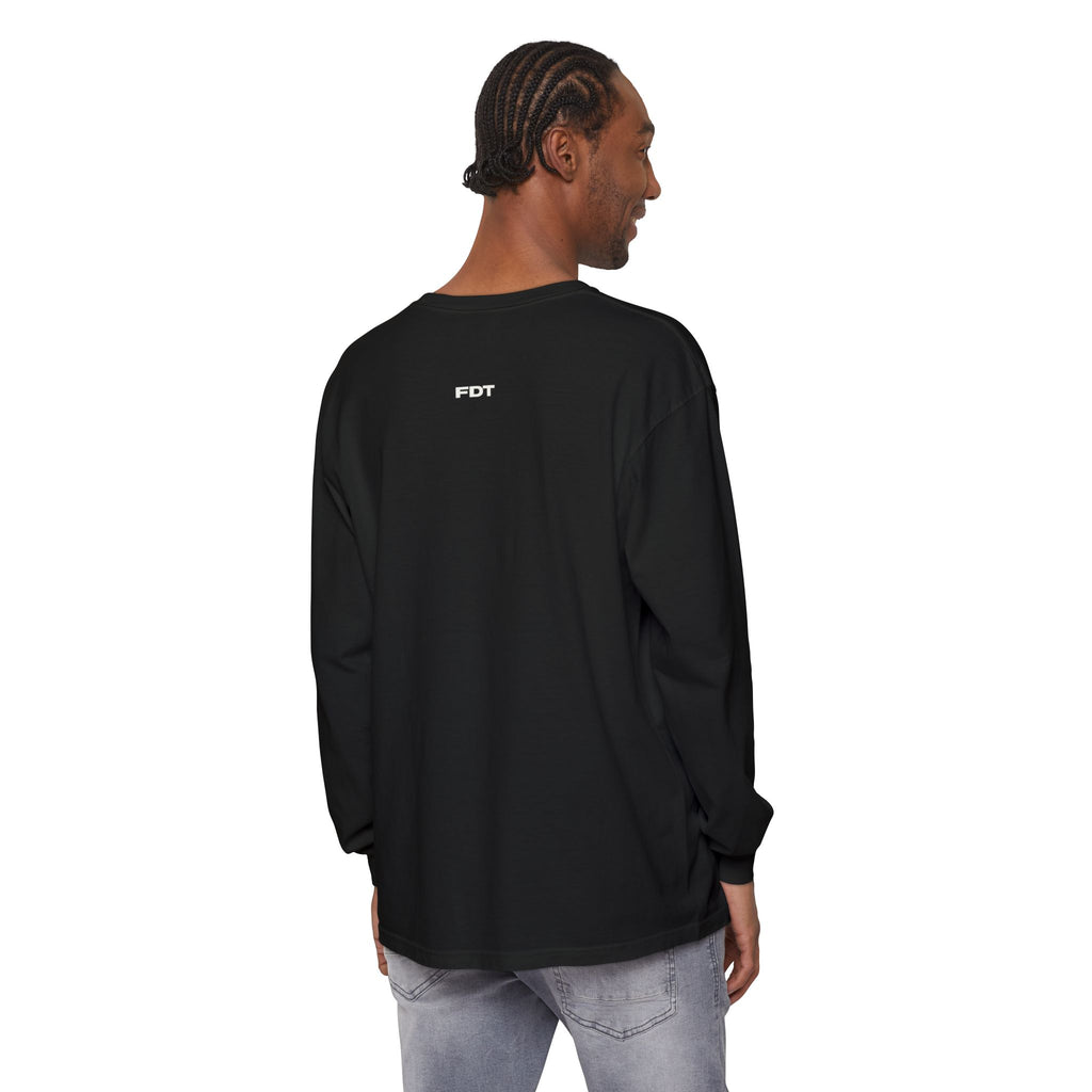 FDT Long Sleeve Tee in Black, back view on a person (supplier mockup)