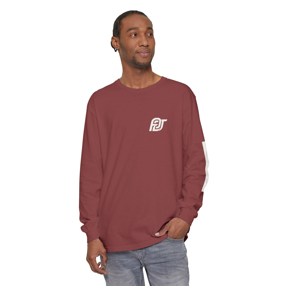 FDT Redaction Long Sleeve in Brick, front view on a person (supplier mockup)