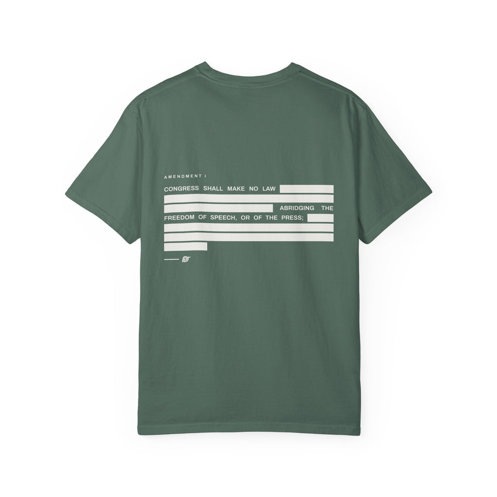 FDT Amendment Tee in Blue Spruce, back view (supplier mockup)