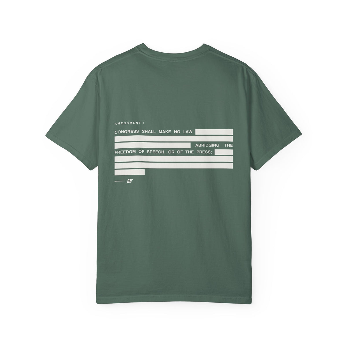 FDT Amendment Tee in Blue Spruce, back view (supplier mockup)