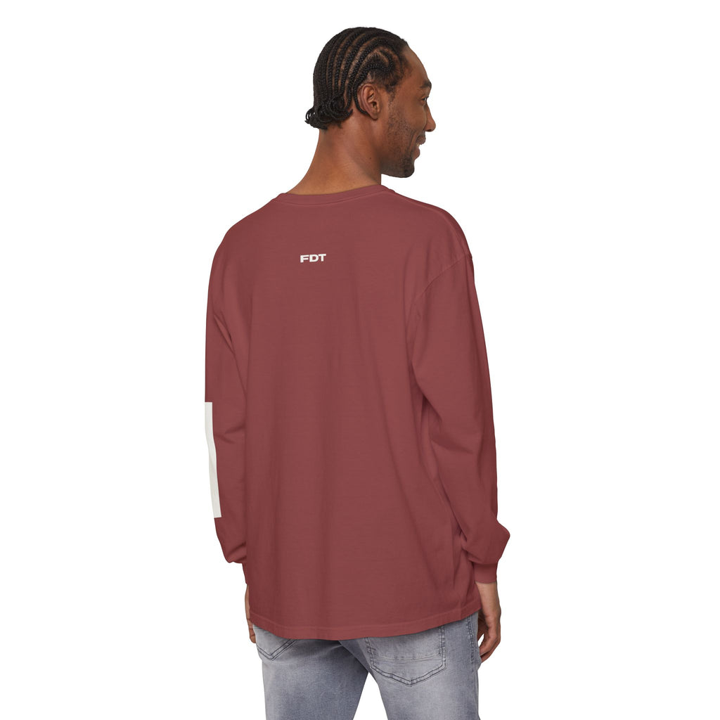 FDT Redaction Long Sleeve in Brick, back view on a person (supplier mockup)
