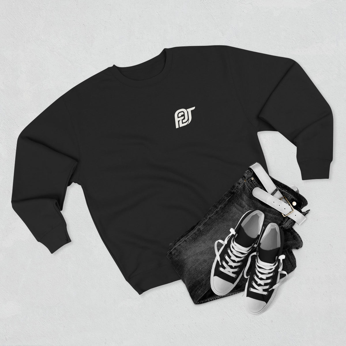 FDT Heavyweight Crewneck in Black, flat lay view (supplier mockup)