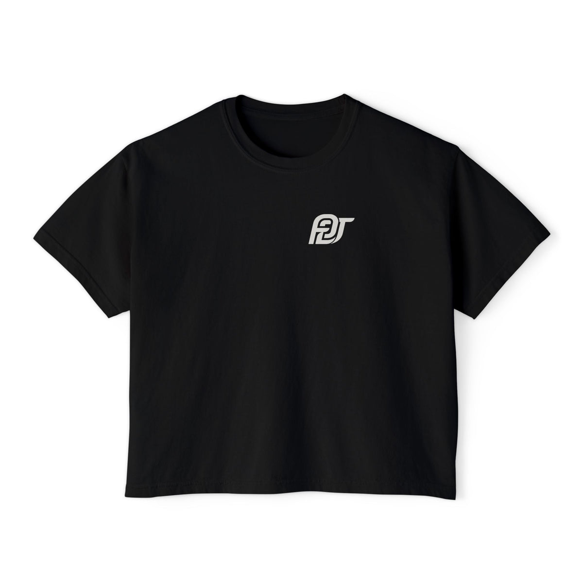 FDT Women's Boxy Tee in Black, front view (supplier mockup)