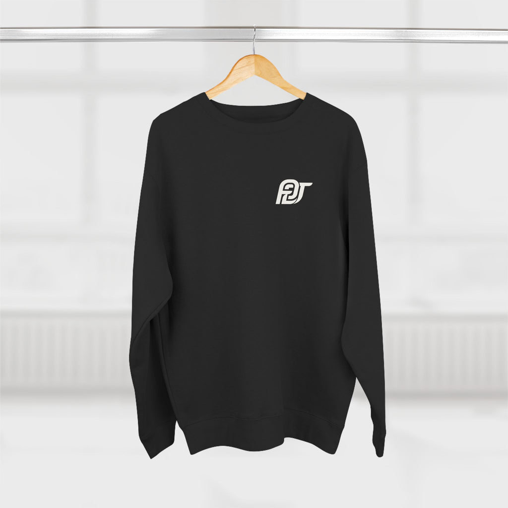 FDT Heavyweight Crewneck in Black, hanging view (supplier mockup)