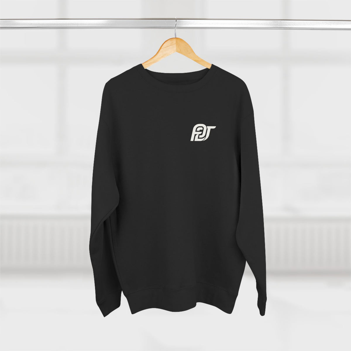 FDT Heavyweight Crewneck in Black, hanging view (supplier mockup)
