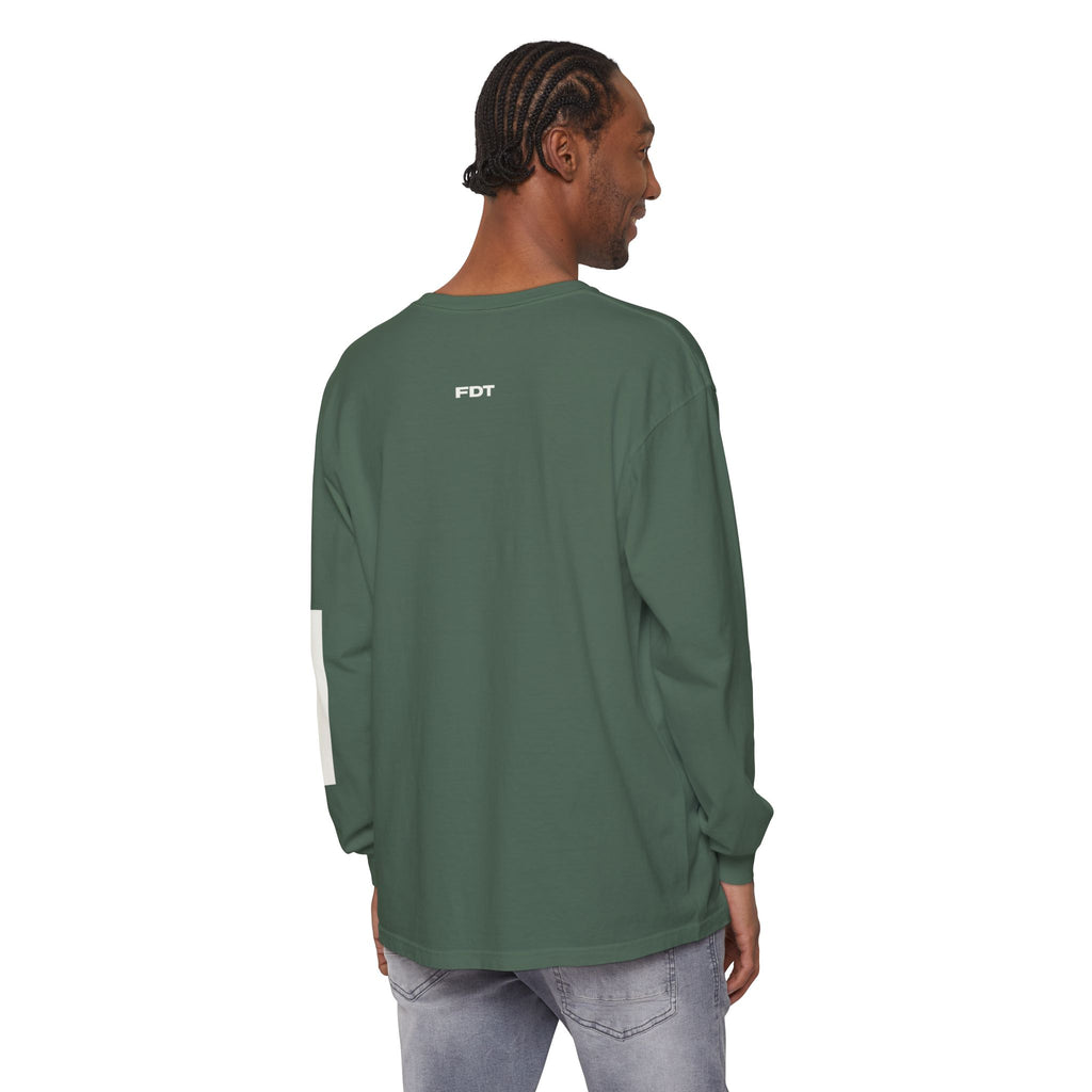 FDT Redaction Long Sleeve in Blue Spruce, back view on a person (supplier mockup)