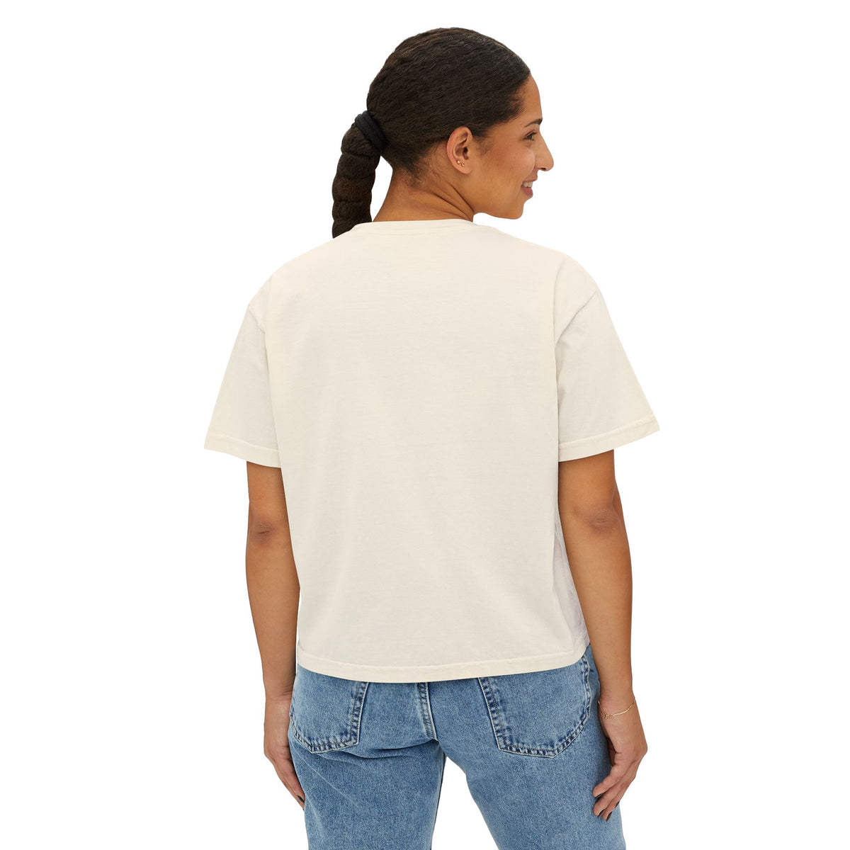 FDT Women's Boxy Tee in Ivory, back view on a person (supplier mockup)
