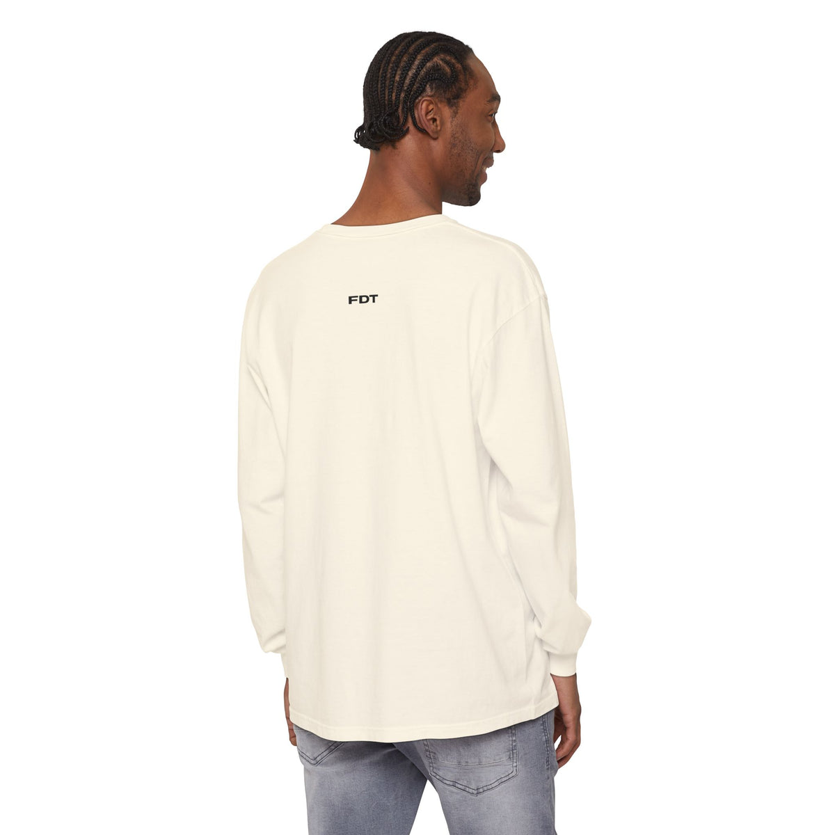 FDT Long Sleeve Tee in Ivory, back view on a person (supplier mockup)