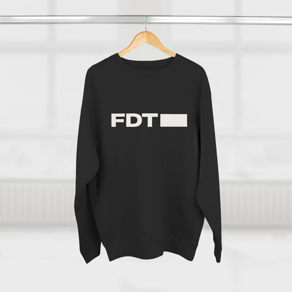 FDT Wordmark Crewneck in Black, hanging view (supplier mockup)