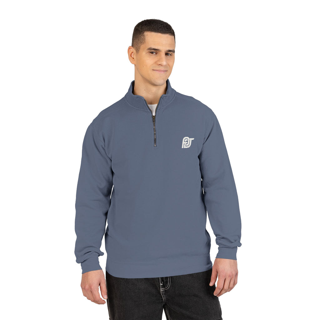 FDT Quarter Zip in Blue Jean, front view on a person (supplier mockup)