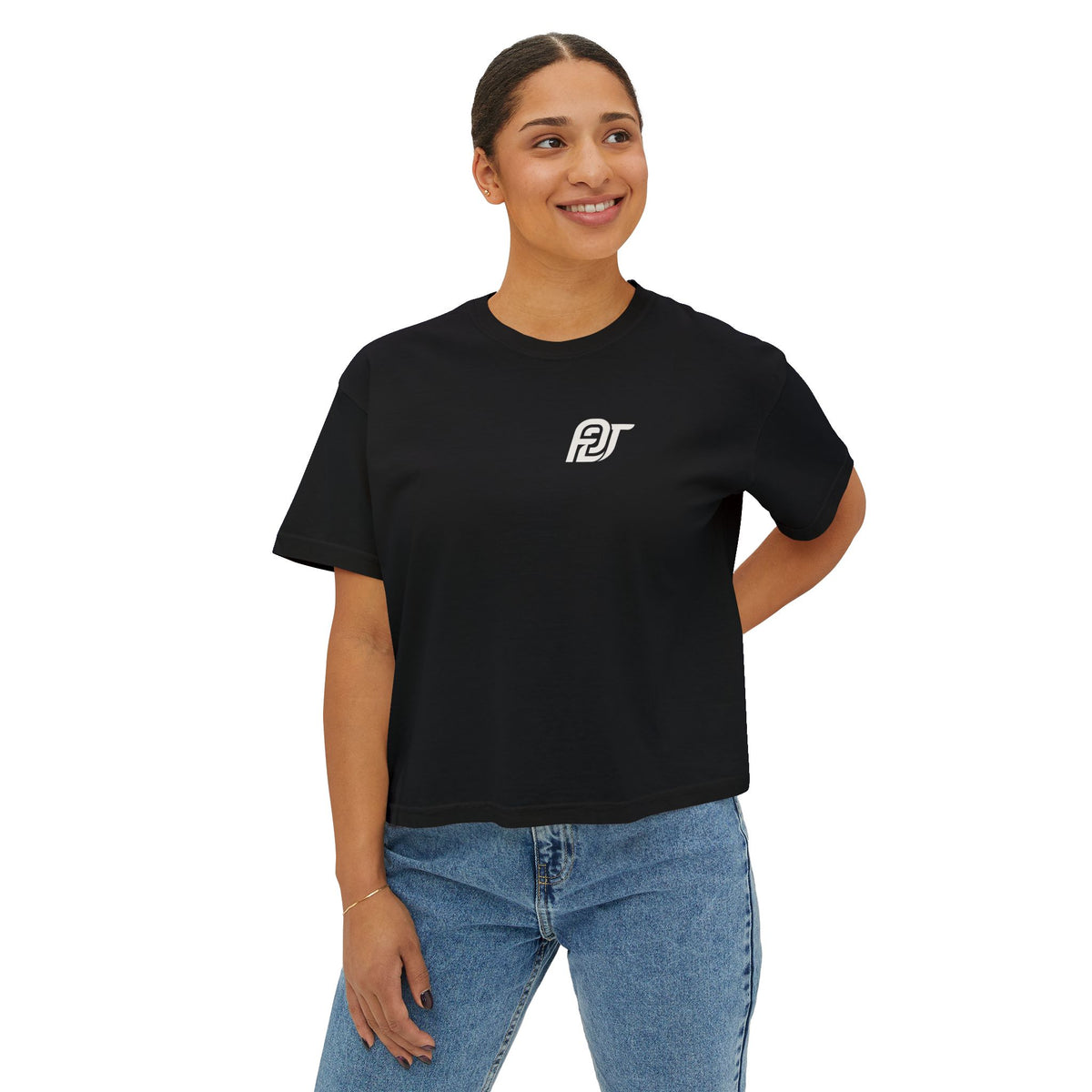 FDT Women's Boxy Tee in Black, front view on a person (supplier mockup)