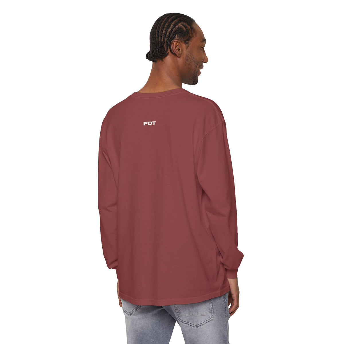 FDT Long Sleeve Tee in Brick, back view on a person (supplier mockup)