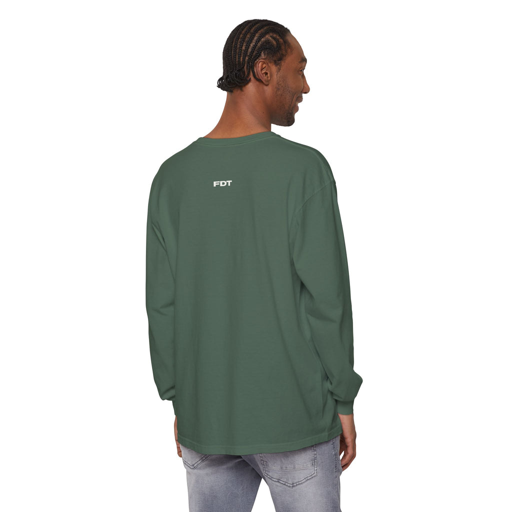 FDT Long Sleeve Tee in Blue Spruce, back view on a person (supplier mockup)