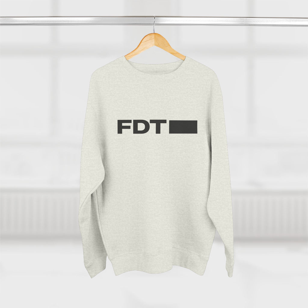 FDT Wordmark Crewneck in Oatmeal Heather, hanging view (supplier mockup)
