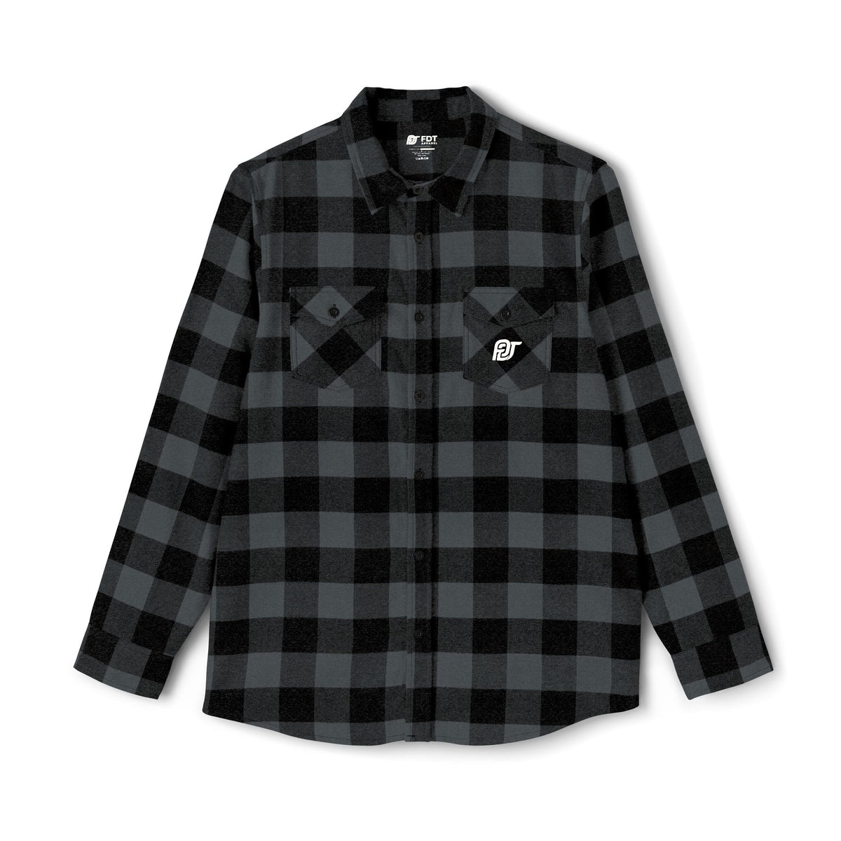 FDT Flannel Shirt in Charcoal Heather/ Black, front view (supplier mockup)