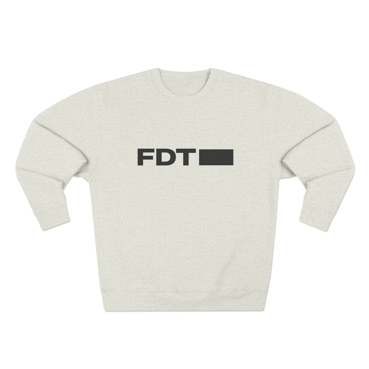 FDT Wordmark Crewneck in Oatmeal Heather, front view (supplier mockup)
