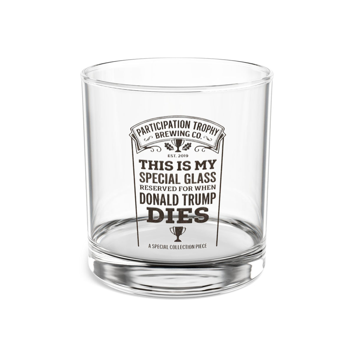 The “Conclusion” 10oz rocks glass by PT Brewco — front view of the etched design