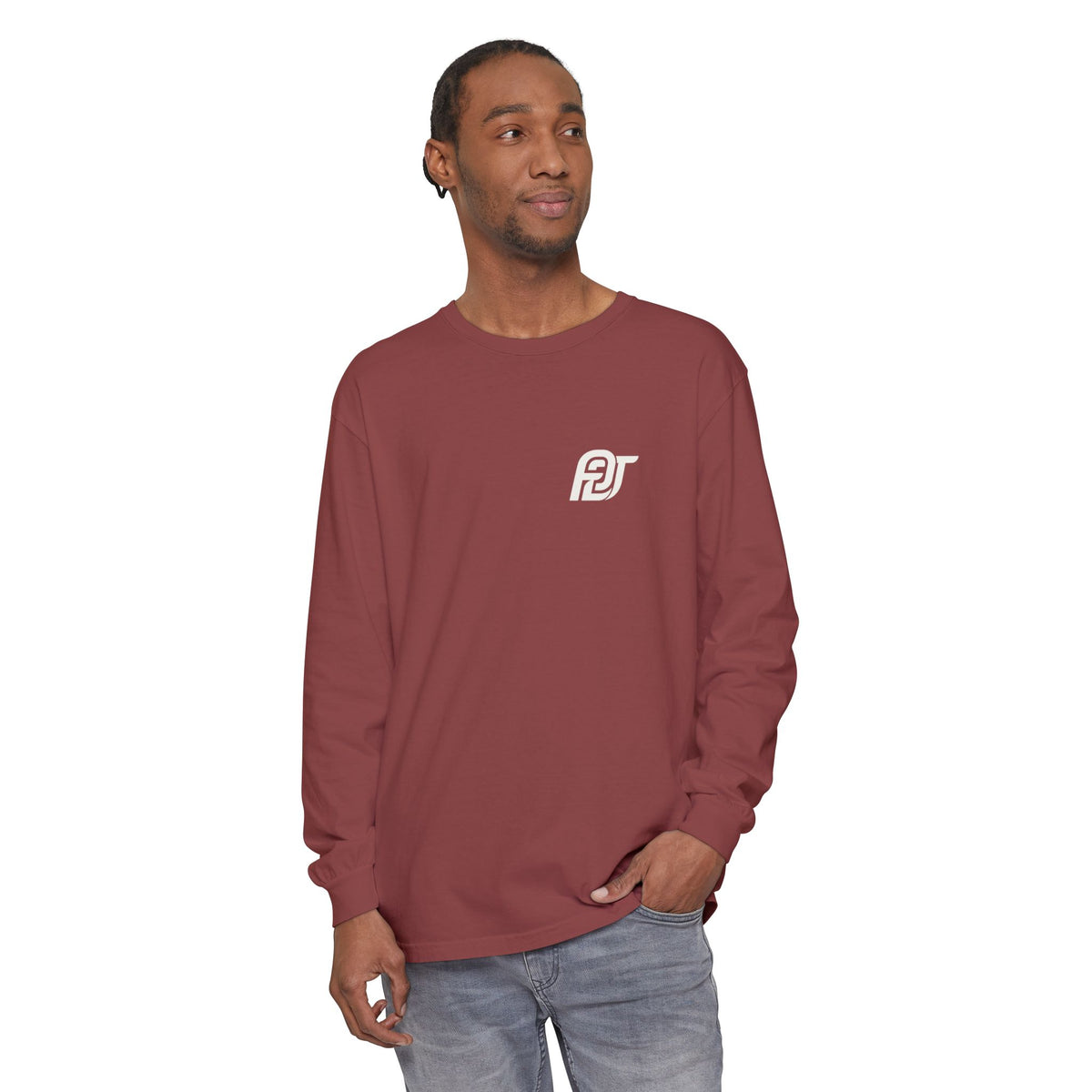 FDT Long Sleeve Tee in Brick, front view on a person (supplier mockup)