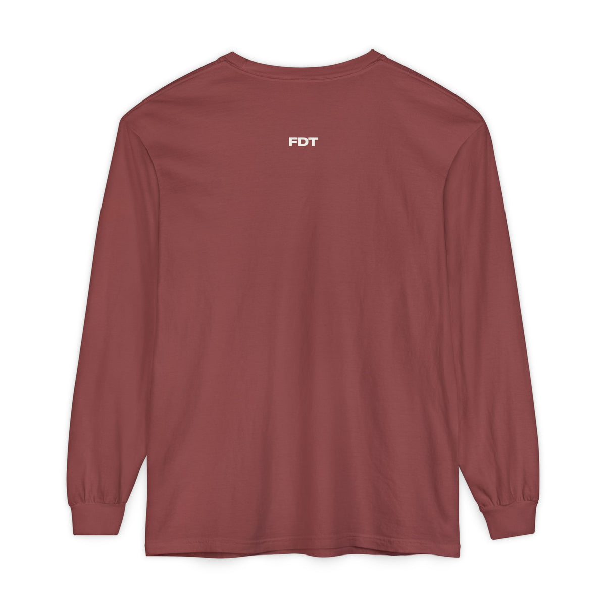 FDT Long Sleeve Tee in Brick, back view (supplier mockup)